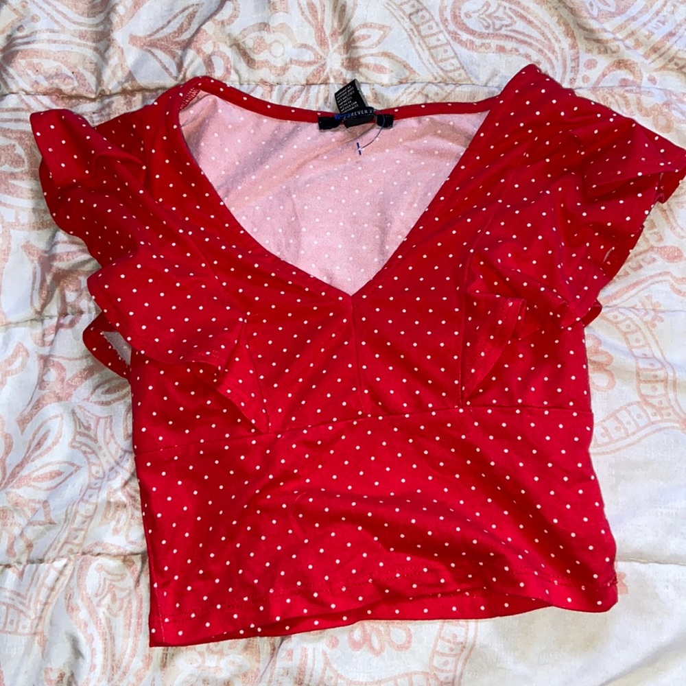 Red and white polka dot crop top